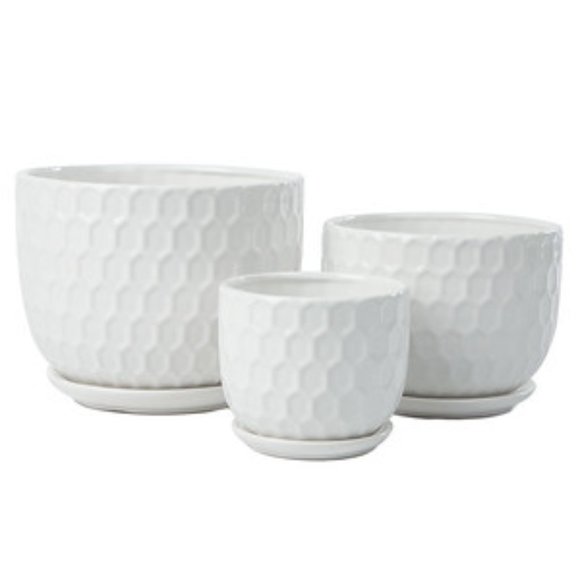 White 3pc Set Textured Ceramic Planters and Attached Saucers #POT0055 - Picture 2 of 7